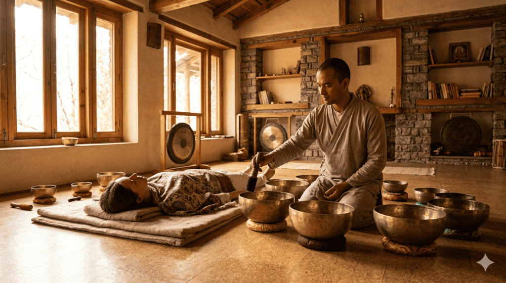 Experiencing authentic sound healing in Rishikesh at Maa Ganga Yogashala.