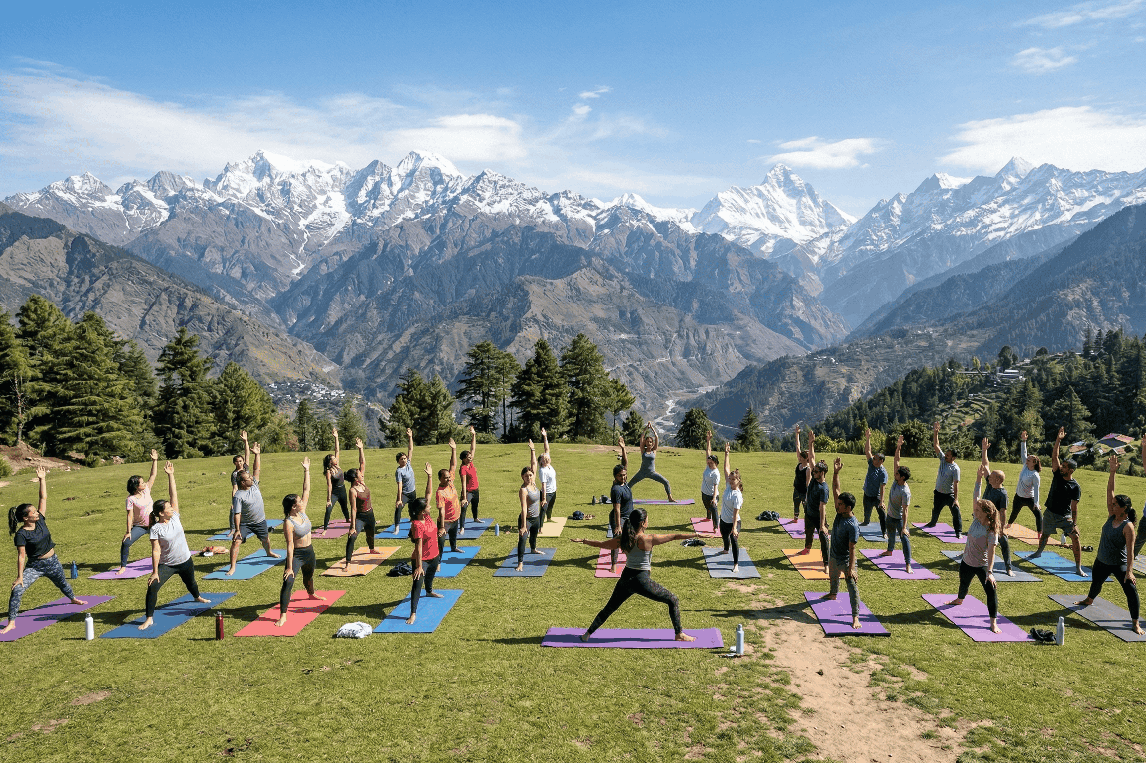 Students practicing at the best yoga school in Rishikesh with mountain views.