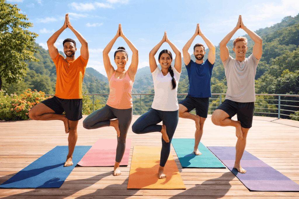 Students enjoying the best beginner yoga course in Rishikesh India at Maa Ganga Yogashala.