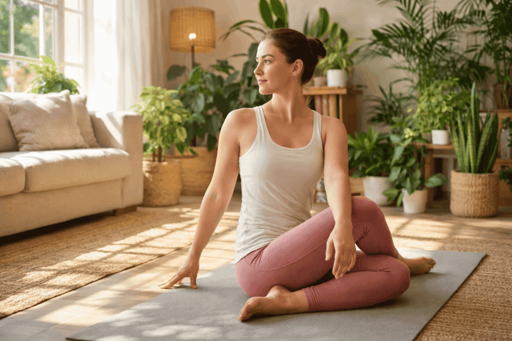 Practicing the best online course for basic yoga poses india from the comfort of home.