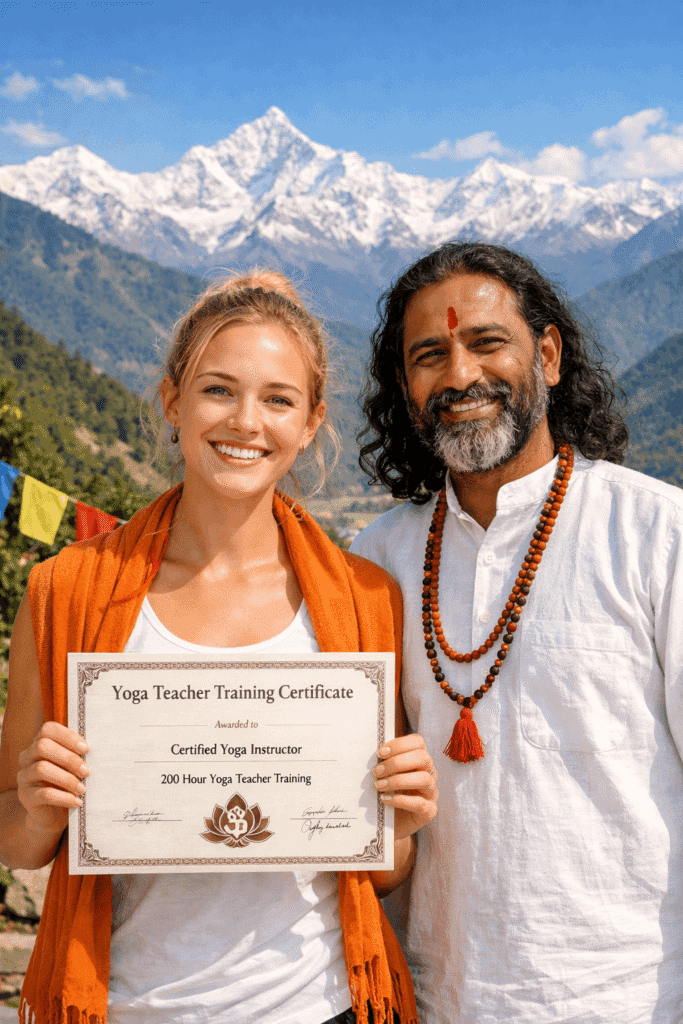 Graduating from the best certified yoga teacher training in rishikesh india at Maa Ganga Yogashala.