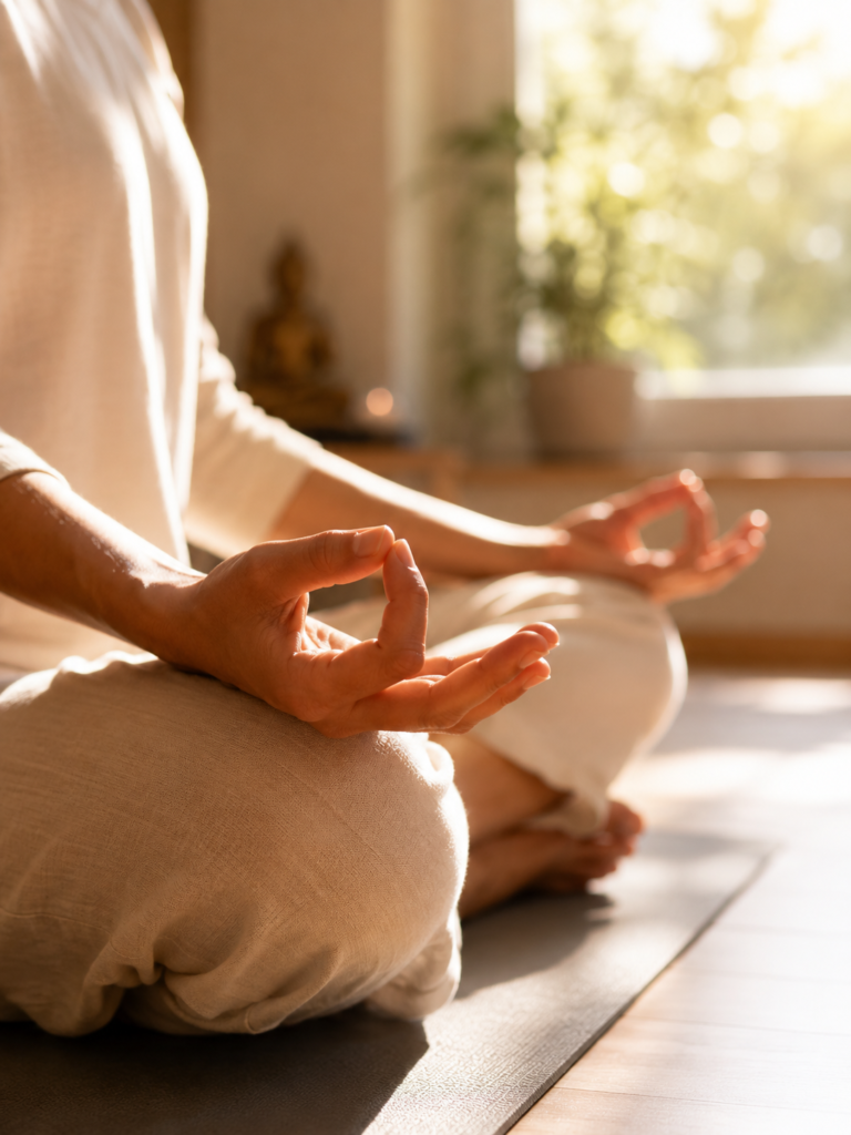 Hands resting in mudra during a 7 chakras meditation for beginners sequence.