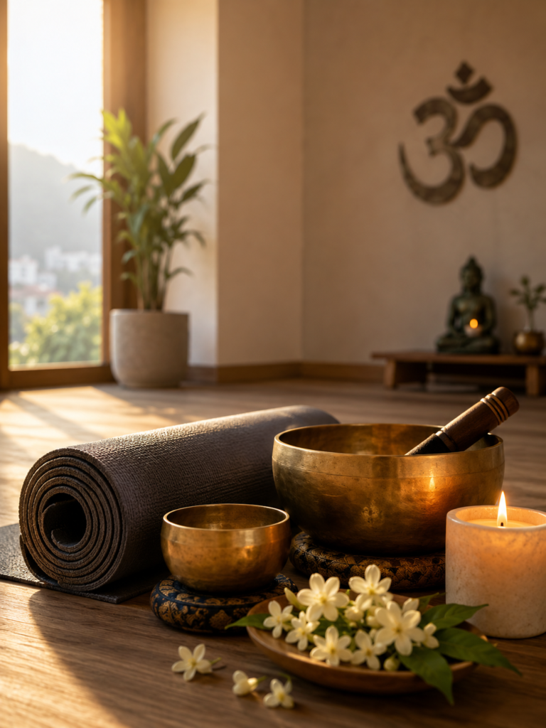 Sound tools and cushions arranged for practical chakra balancing techniques.