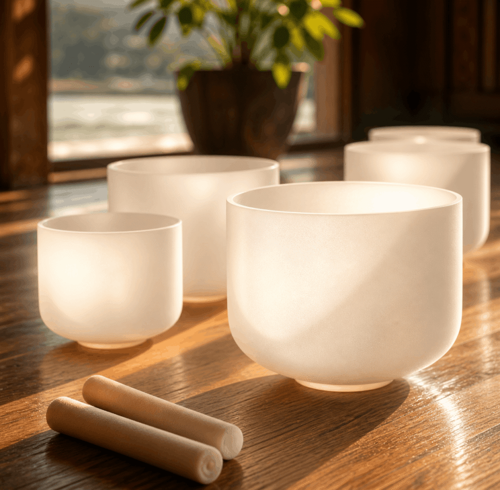 Crystal bowls used for chakra balancing and sound healing benefits
