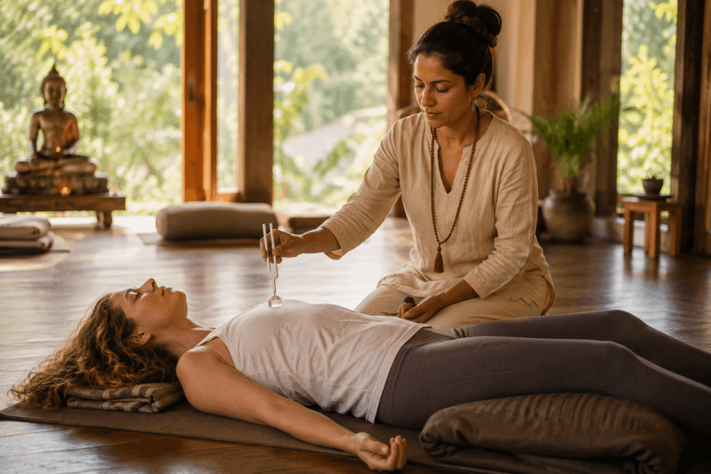 Practitioner guiding a chakra balancing therapy session in Rishikesh