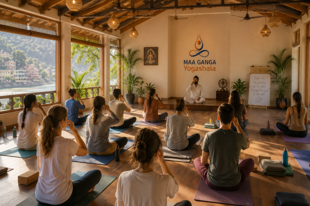 Students discovering pranayama types benefits practice at Maa Ganga Yogashala in India.