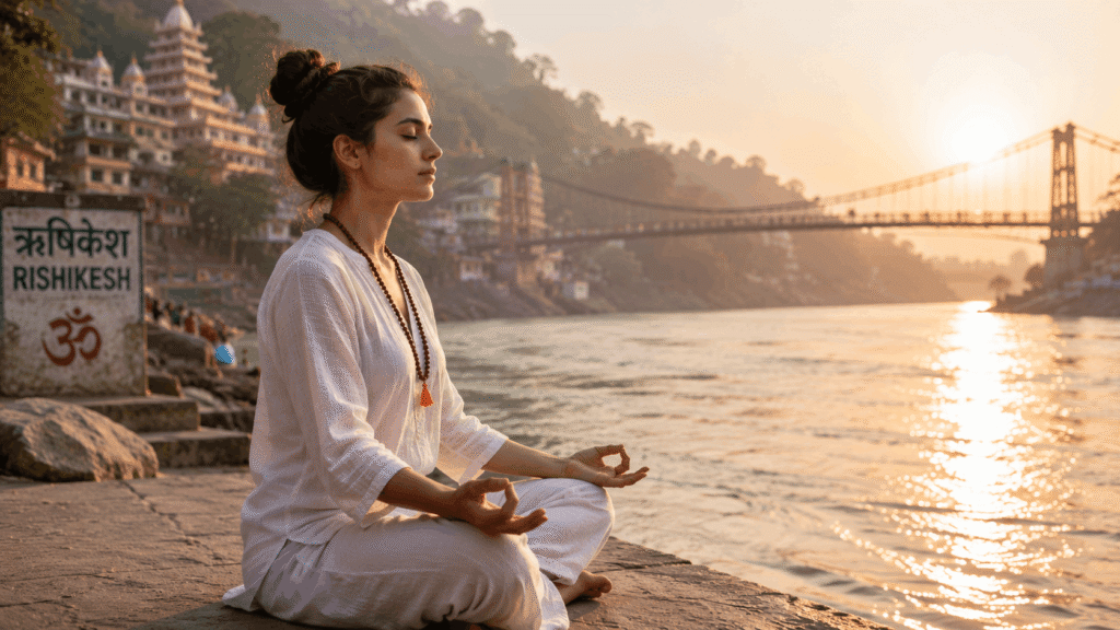 A student practicing mental yoga teacher training India preparation in Rishikesh.