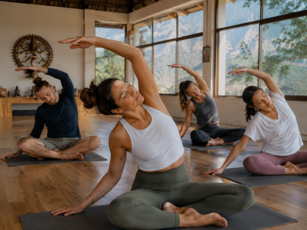Students practicing asana in a beautiful shala comparing a yoga retreat Rishikesh 5 days vs 3 days program.