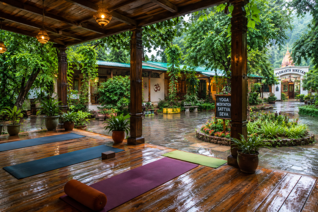 Lush green ashram courtyard during the monsoon yoga season in Rishikesh
