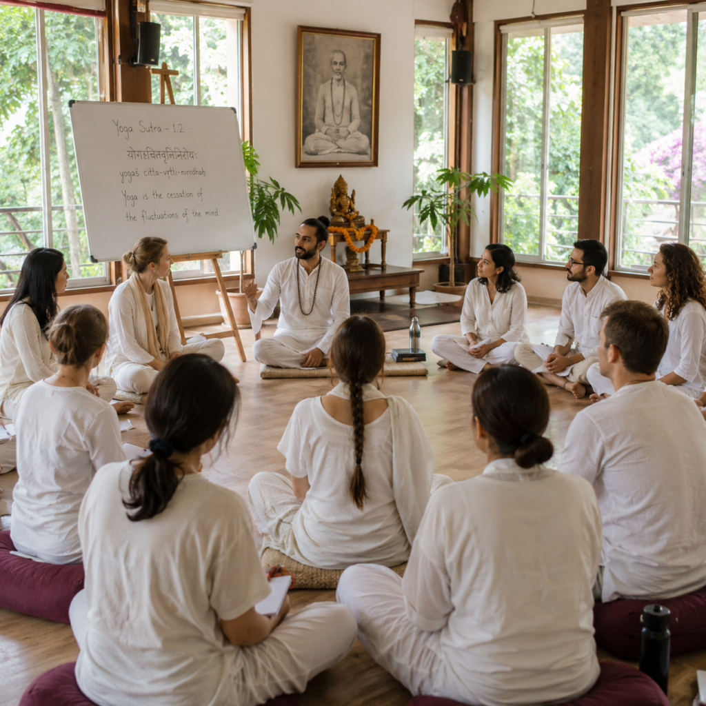 International students following a yoga retreat Rishikesh foreigners guide in a traditional shala