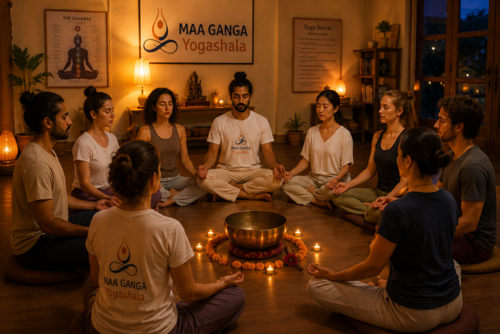 Trainees experiencing deep meditation and spiritual growth during their yoga certification journey in India.
