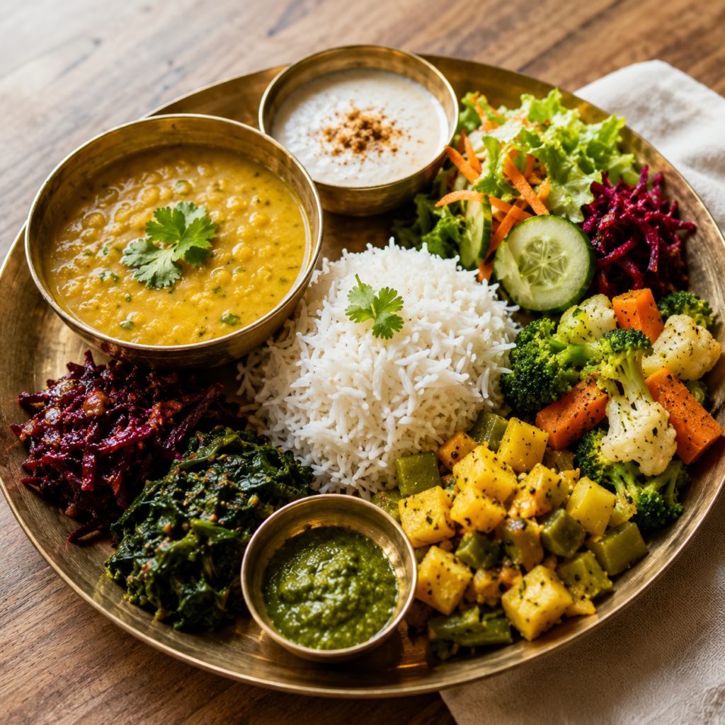 Healthy sattvic meal during a yoga retreat in Rishikesh India