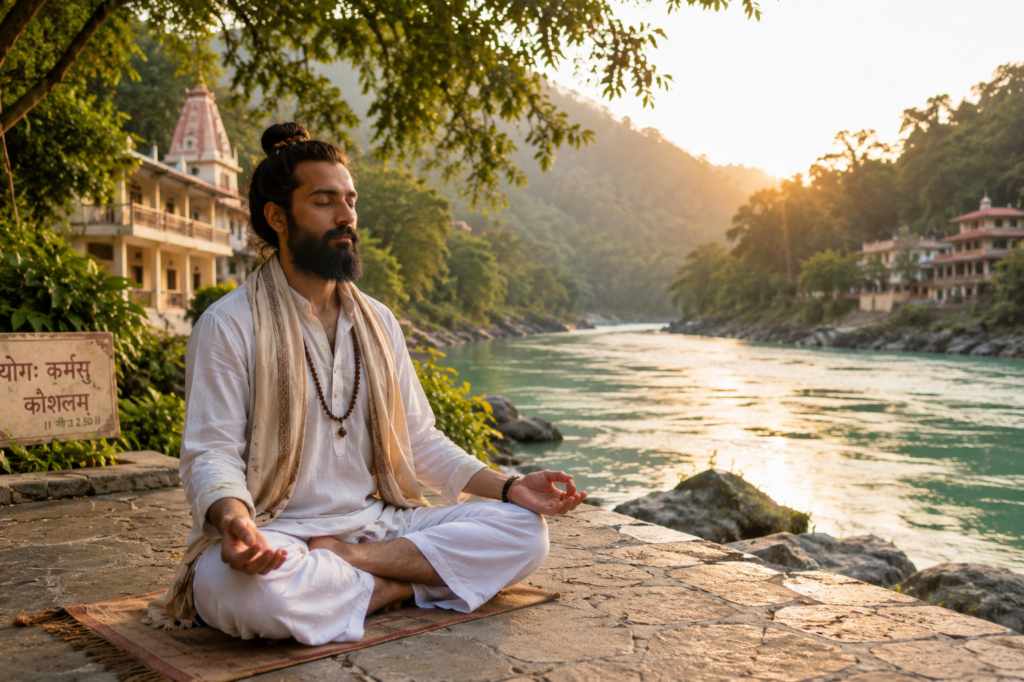 Yogi meditating deeply after a pure sattvic diet yoga retreat breakfast in Tapovan