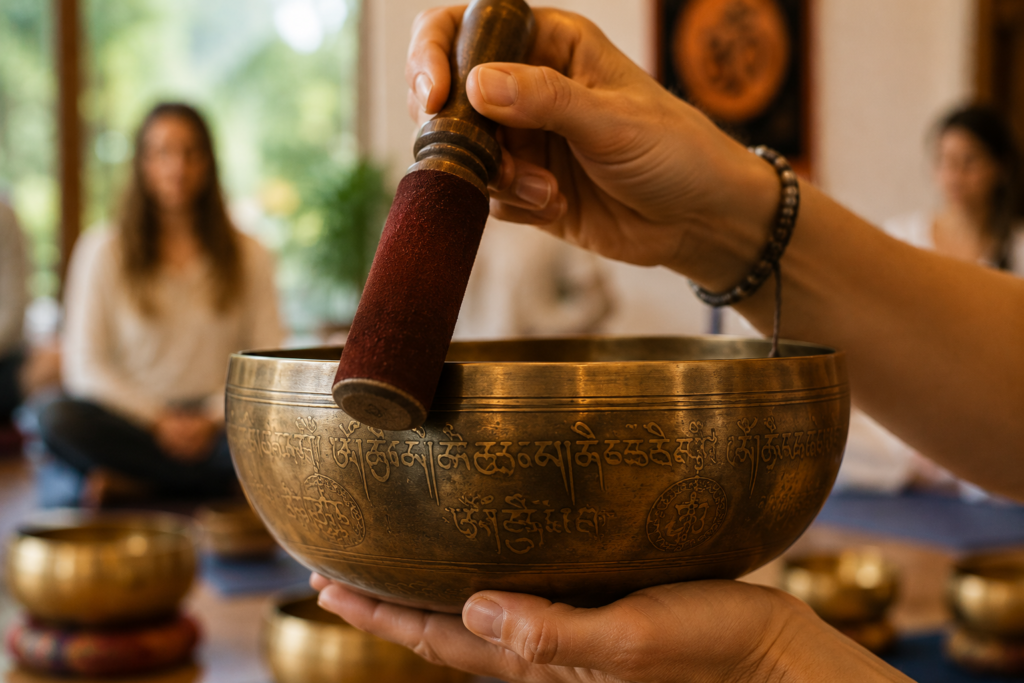 Student practicing striking techniques during a sound healing certification course in Rishikesh.