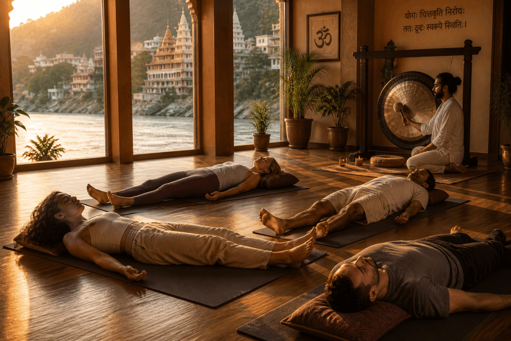 Students relaxing on mats enjoying sound healing benefits in Rishikesh
