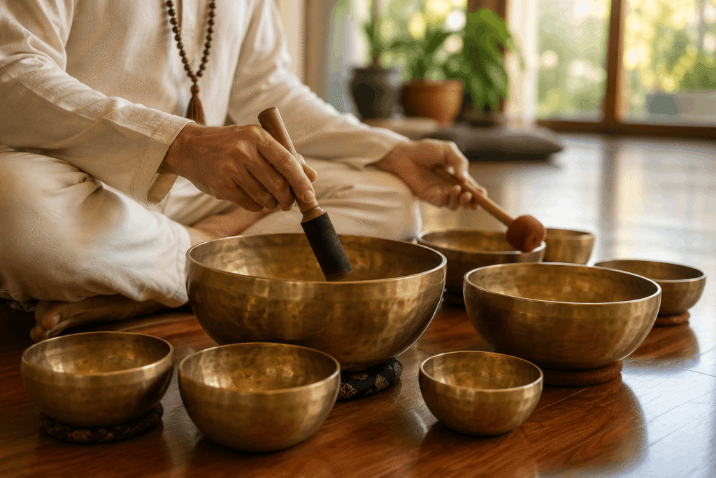 Tibetan singing bowls used for chakra balancing therapy sound healing