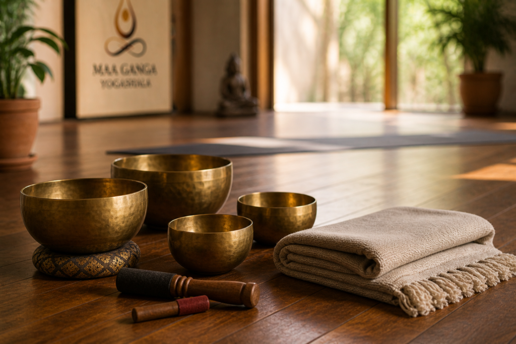 Sound healing bowls beautifully prepared for a calming wellness session in Rishikesh.