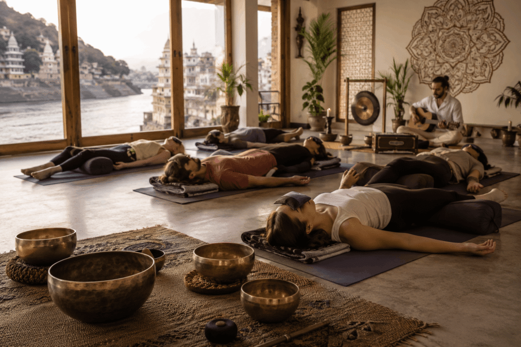 Students deeply relaxed during a therapeutic sound bath session for mental health.