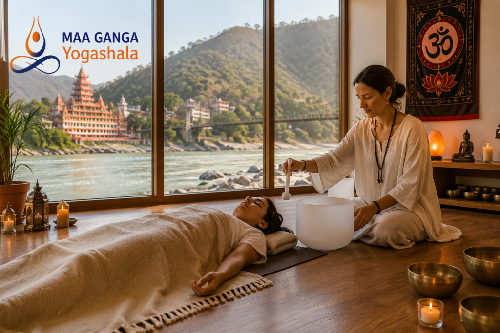 Practitioner facilitating a restorative sound bath during a sound healing certification course in Rishikesh.