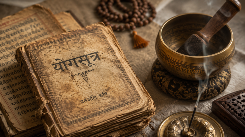 Ancient texts outlining the eight limbs of yoga philosophy used for spiritual growth