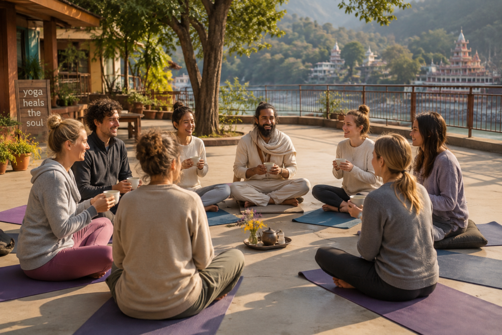 Students enjoying a warm winter afternoon at Maa Ganga Yogashala in Tapovan