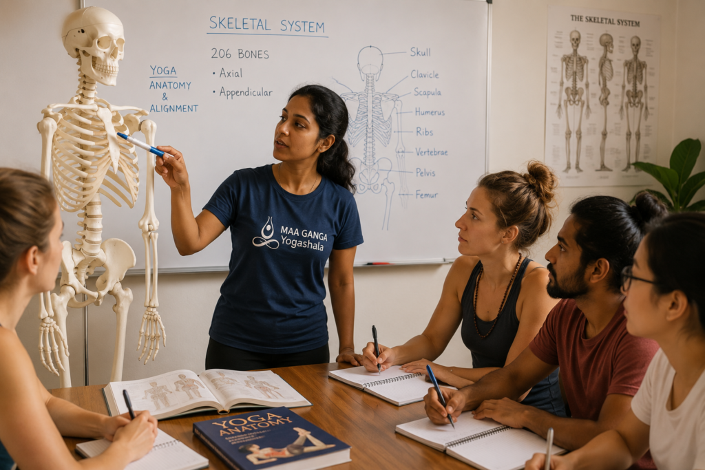 Learning anatomy during the 100 hour YTT daily schedule in Rishikesh India