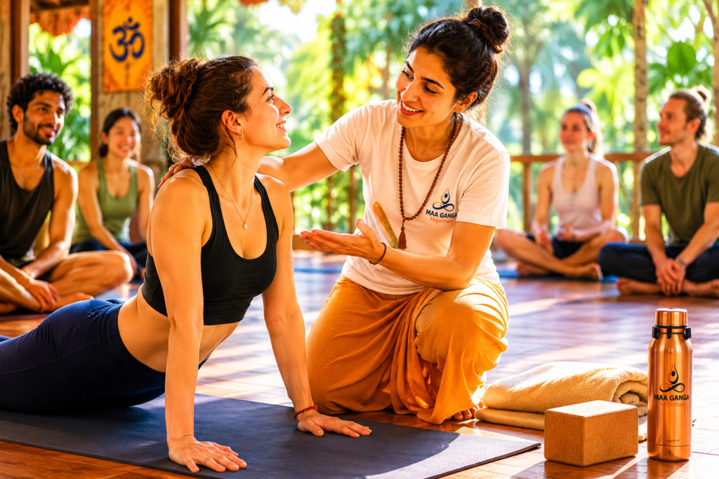 Dedicated instructor clearly answering yoga teacher training beginners FAQ questions