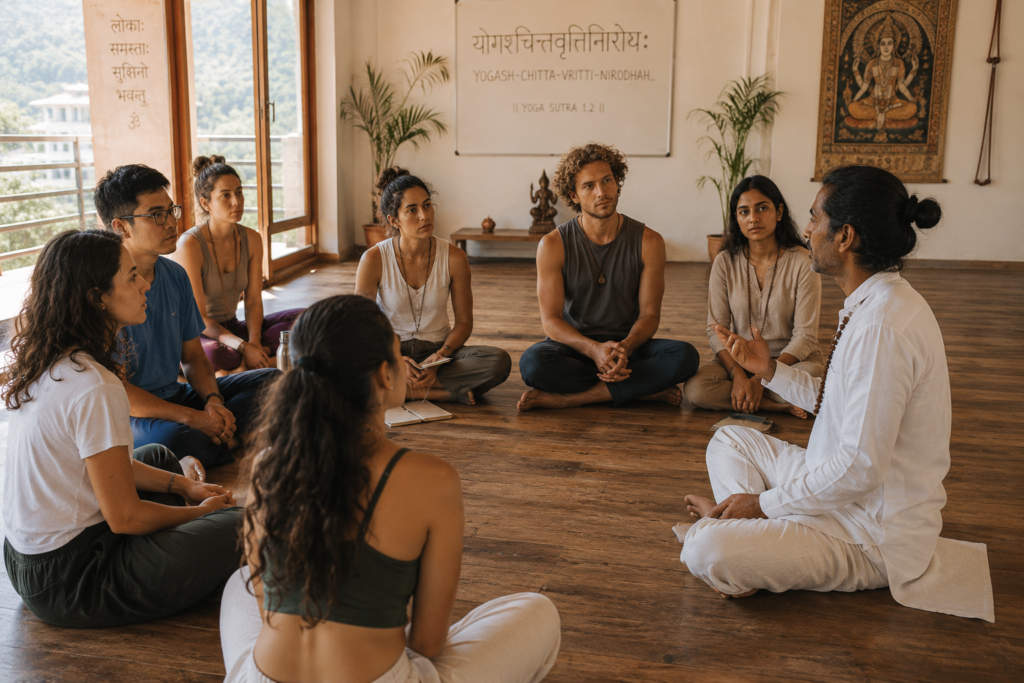 Students studying the eight limbs of yoga philosophy at a shala in Rishikesh