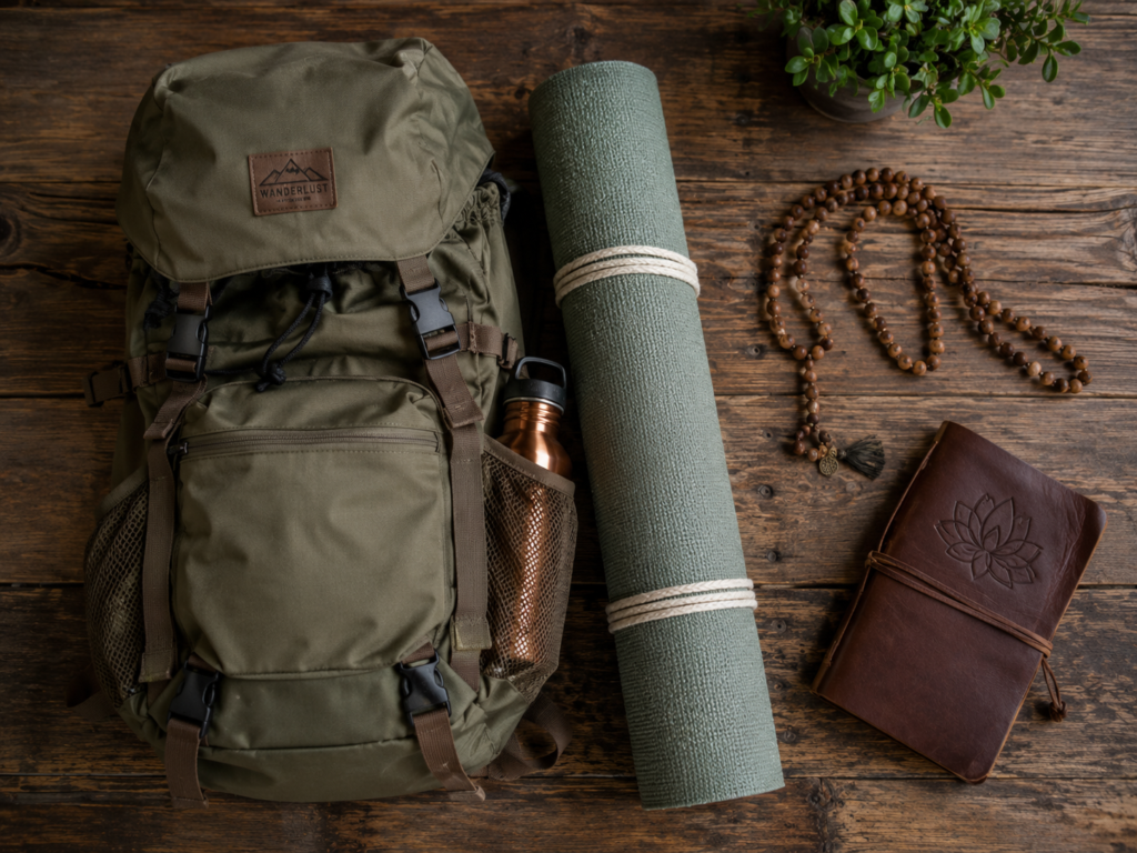 Packing essentials like a journal and mat for a yoga retreat Rishikesh 5 days vs 3 days journey.
