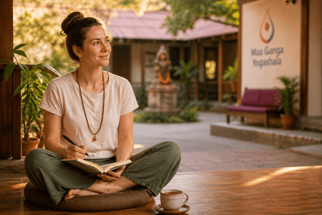 Yoga student journaling and reflecting after a 100 hour yoga teacher training class.