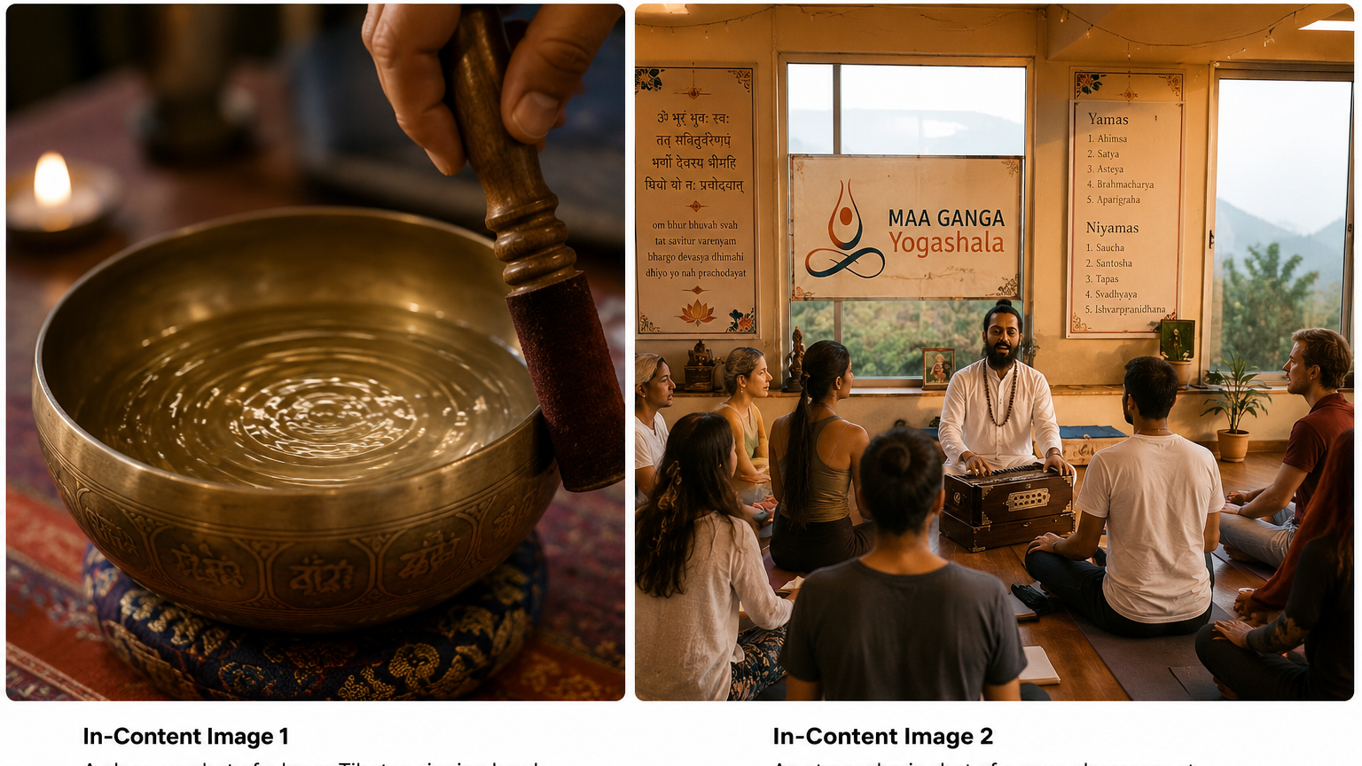 Students learning the intricacies of mantra chanting sound healing science at a certified yoga school in Rishikesh.