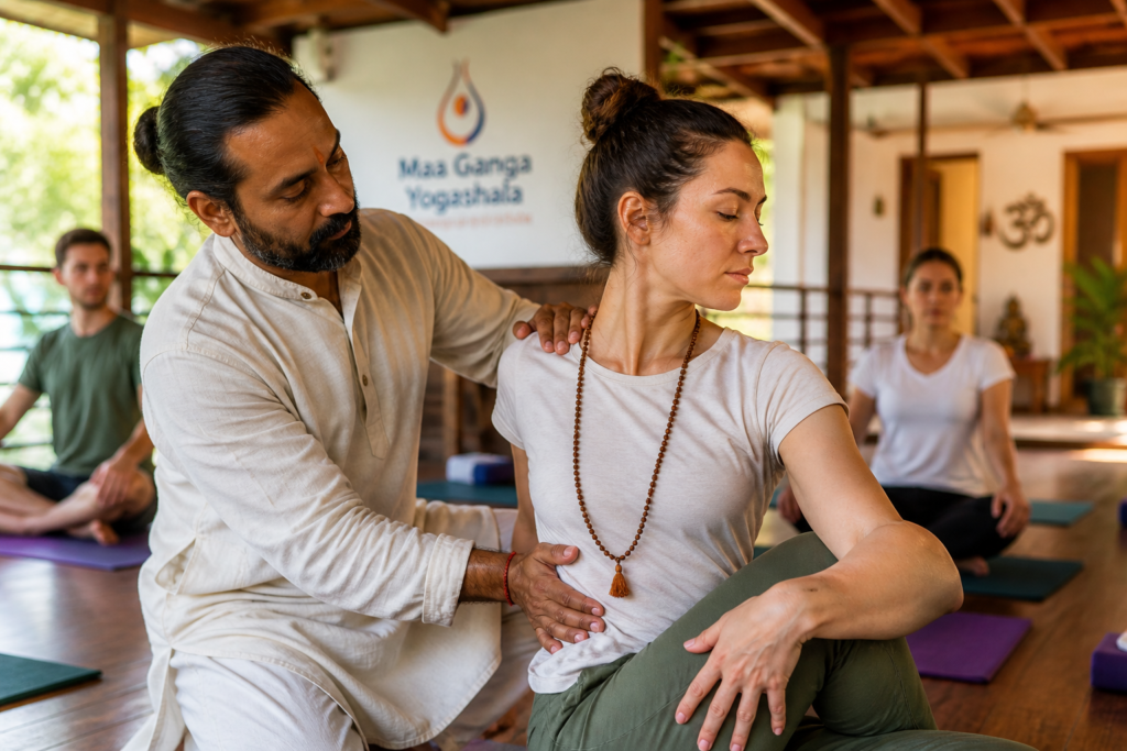 Yoga master correcting student alignment during a 100 hour YTT immersion.