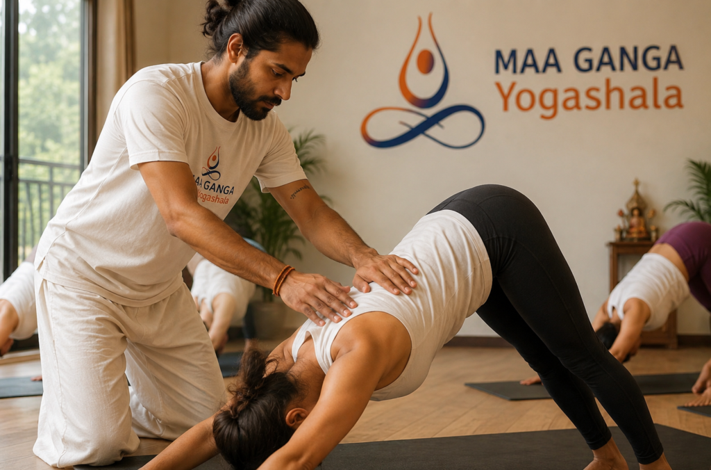 Learning hands-on adjustments during yoga teaching methodology TTC in India.