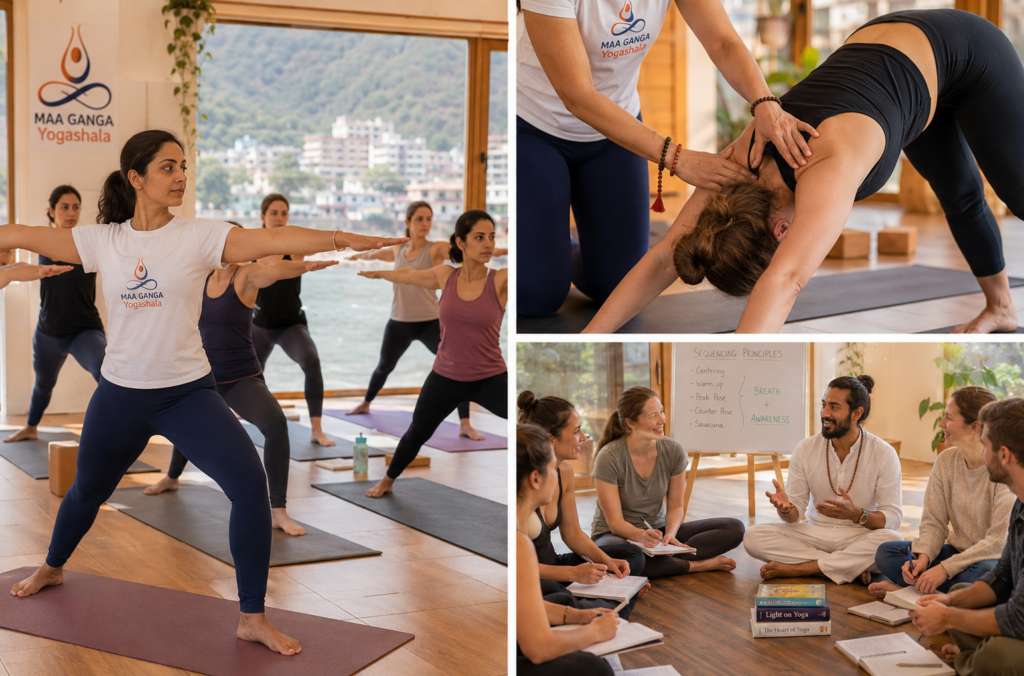 Students learning class sequencing in a Rishikesh yoga teaching methodology TTC classroom.