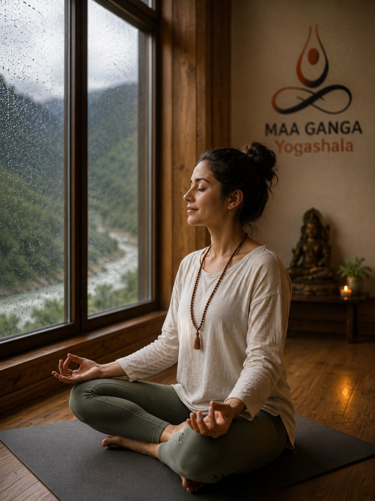 Student practicing deep meditation during yoga Rishikesh monsoon season.