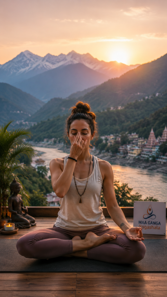 Student practicing meditation and pranayama in Rishikesh India
