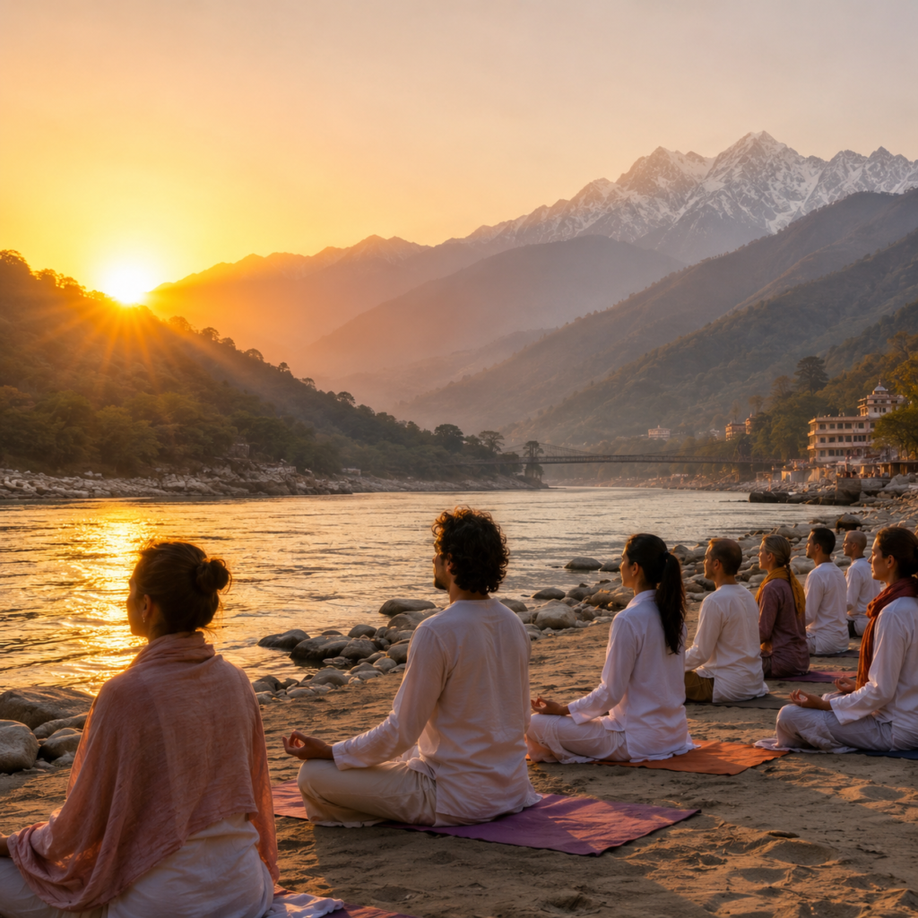 The peaceful, transformative environment of Rishikesh to guide your online vs in person 200 hour YTT decision.
