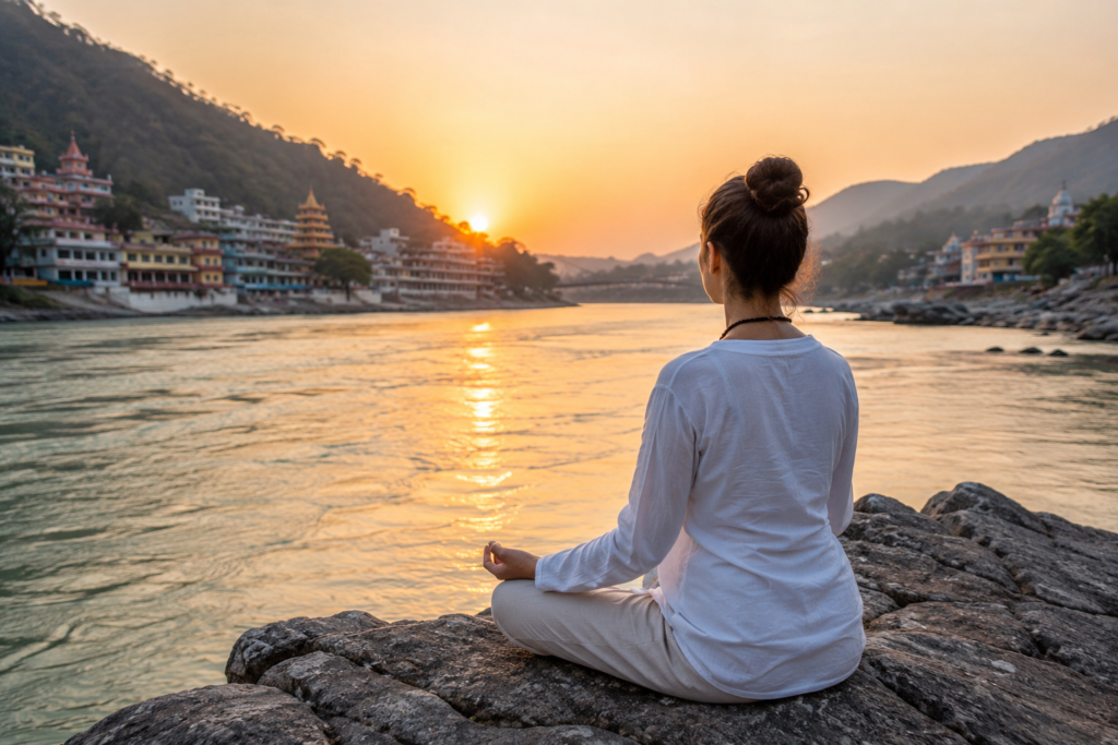 Student meditating by the Ganges River during a beginner friendly yoga training rishikesh