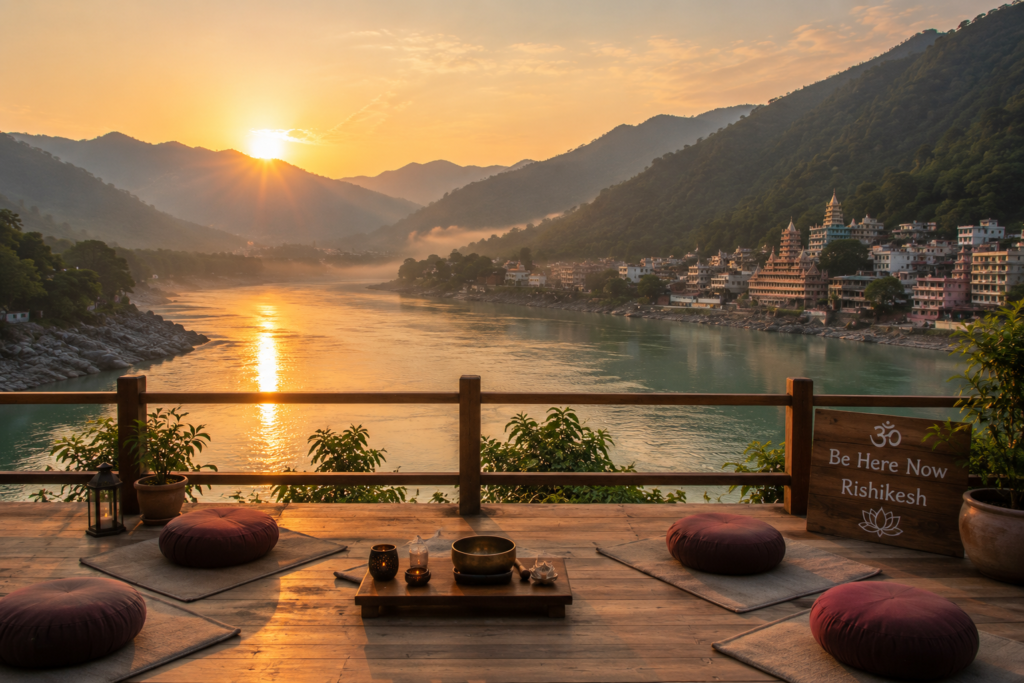 The peaceful natural environment of Rishikesh supporting sound healing trauma PTSD healing.