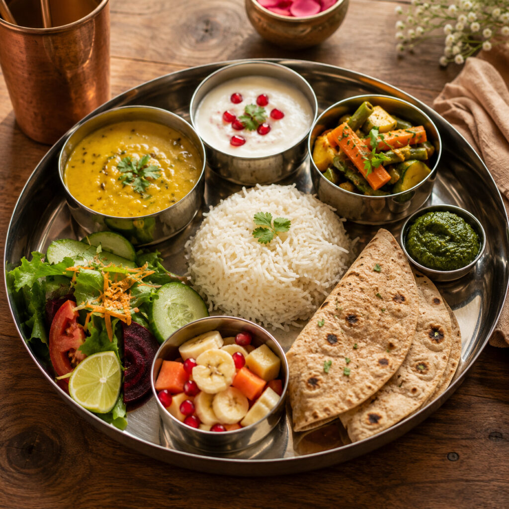 Nutritious vegetarian meal served during a weekend yoga retreat Rishikesh beginner program.