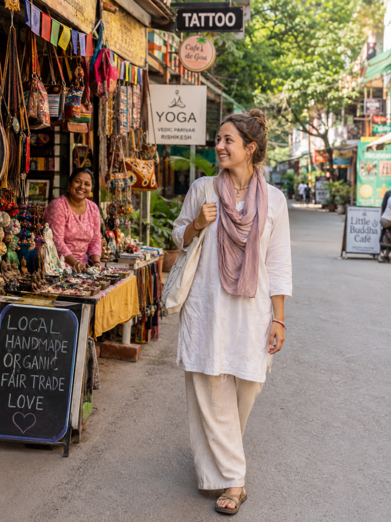 Confident female traveler demonstrating solo women yoga retreat India safety in Tapovan market.