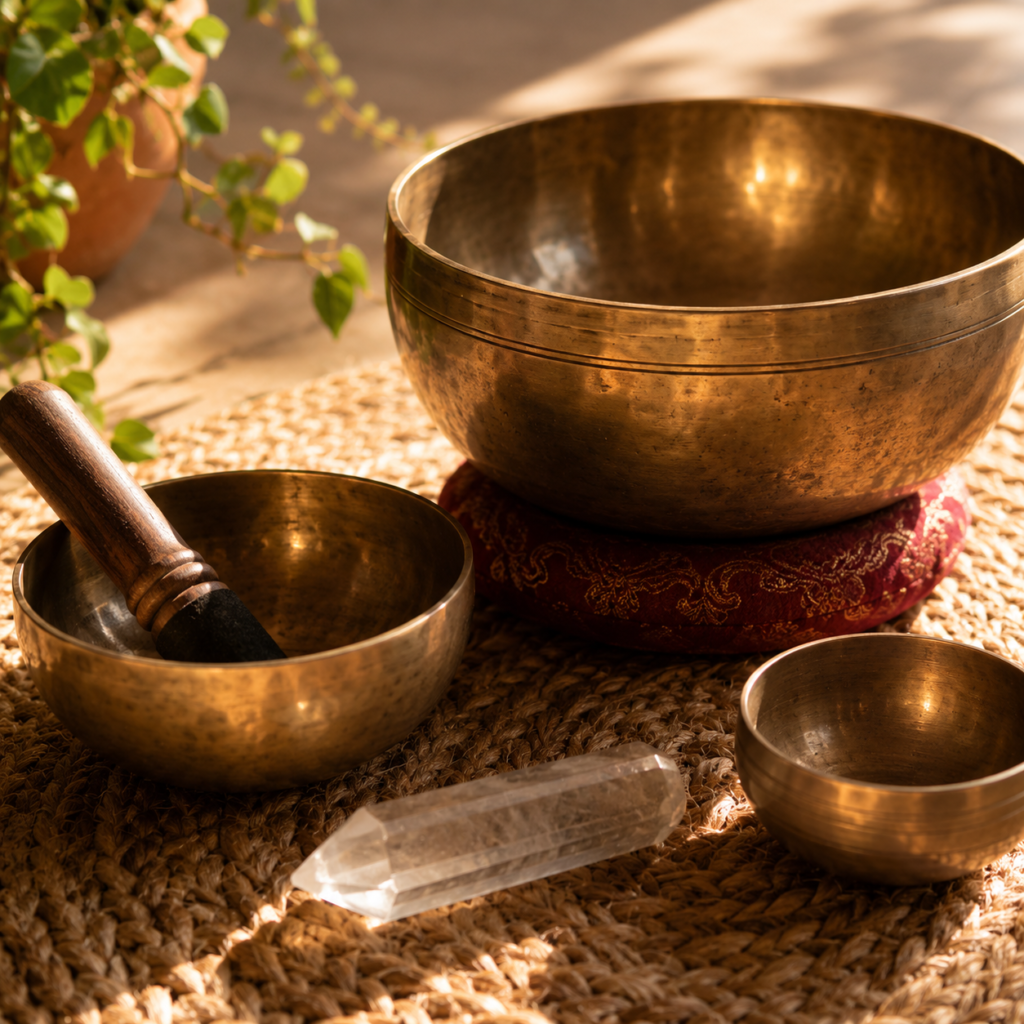 Singing bowls used for sound healing anxiety stress reduction science and nervous system calming.