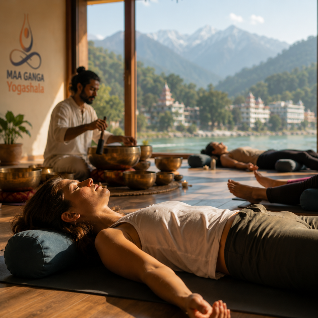 Student experiencing the benefits of sound healing anxiety stress reduction science during a retreat.