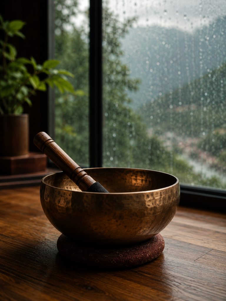 Traditional singing bowl used for relaxation during yoga Rishikesh monsoon season.