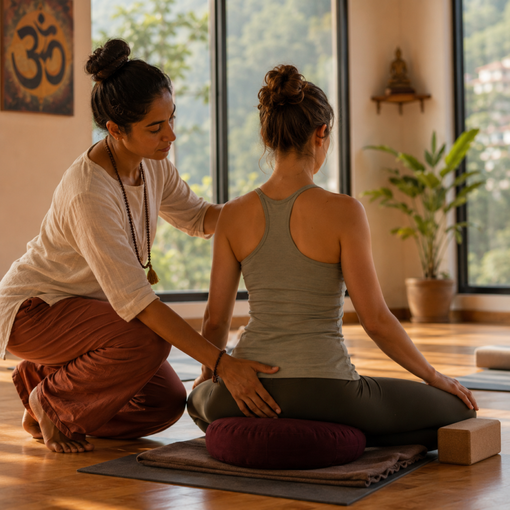 Teacher guiding seated meditation techniques 200 hour ytt Rishikesh