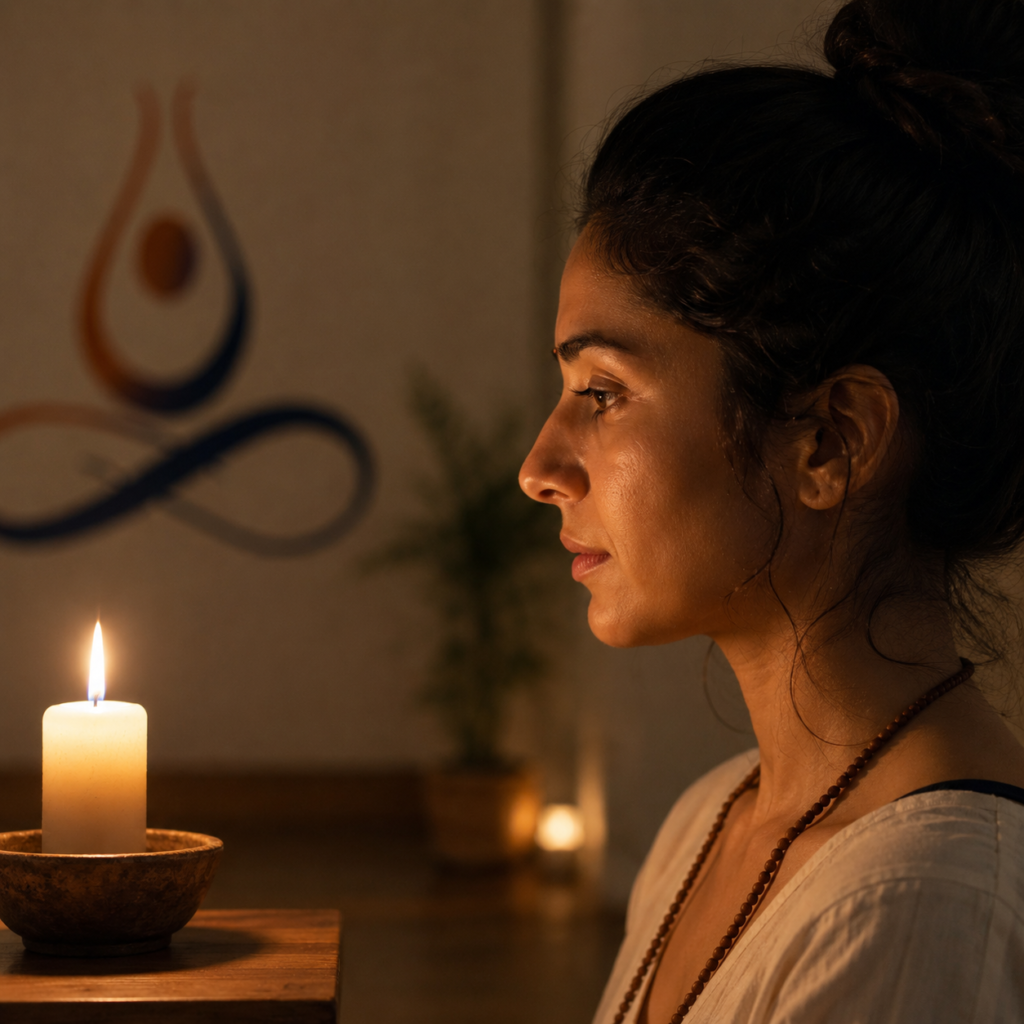 Woman learning trataka meditation techniques 200 hour ytt India