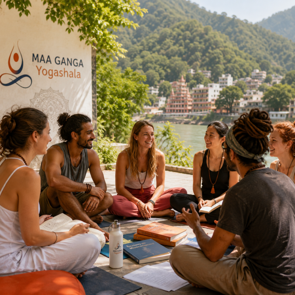 happy yoga graduates discussing teaching yoga after 100 hour certification at maa ganga yogashala