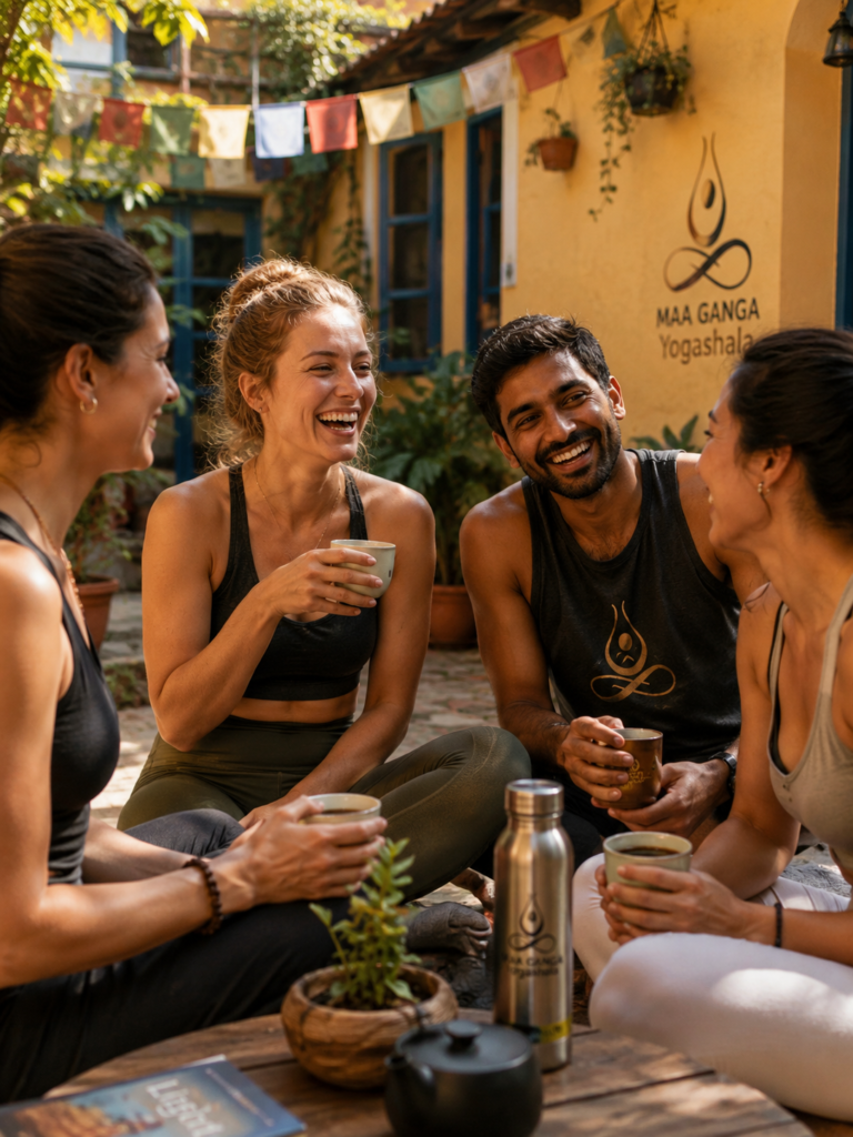 Yoga students connecting and building community during their Rishikesh yoga certification.