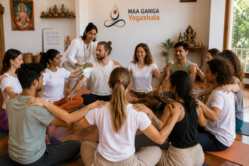 Students learning the art of touch in yoga during a teacher training course in Rishikesh.