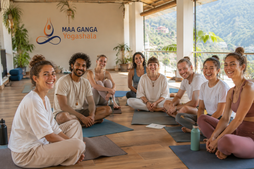 Students discovering the benefits of yoga beyond stretching at Maa Ganga Yogashala.